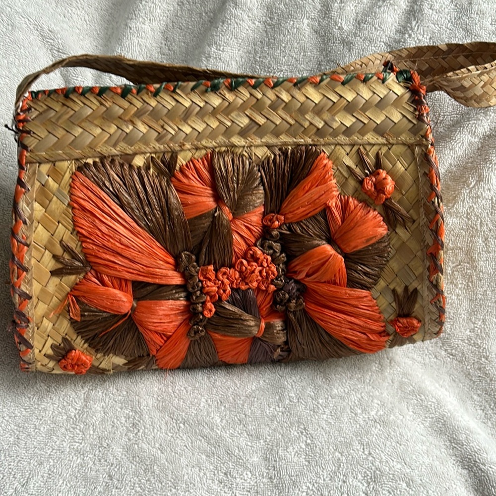 Wicker straw bag, purse, brown, and orange color new with tags